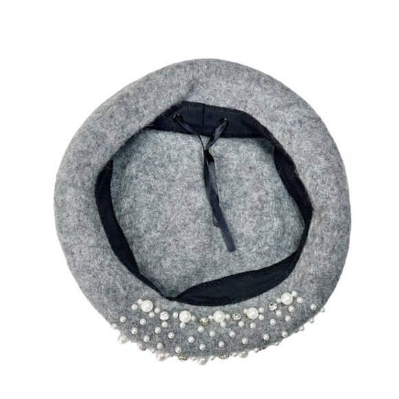 NEW Beret Hat Gray Wool Felt Beaded Embellished Rhinestones Pearls Coquette 90s - Picture 9 of 12